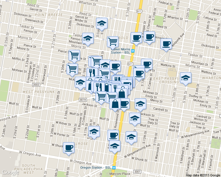 map of restaurants, bars, coffee shops, grocery stores, and more near in Philadelphia