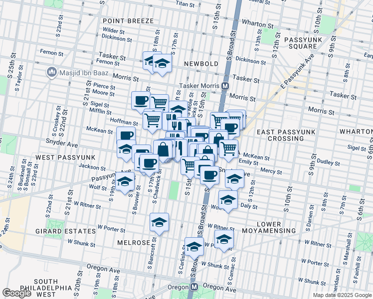 map of restaurants, bars, coffee shops, grocery stores, and more near 1523 Emily Street in Philadelphia