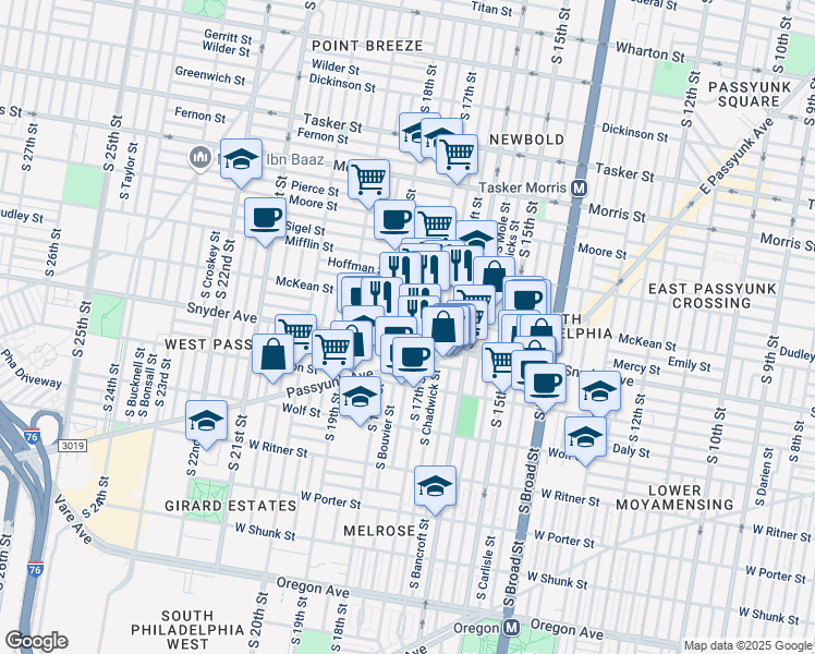 map of restaurants, bars, coffee shops, grocery stores, and more near 2038 South Bouvier Street in Philadelphia