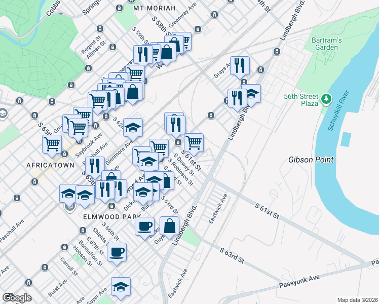 map of restaurants, bars, coffee shops, grocery stores, and more near 2544 South Millick Street in Philadelphia