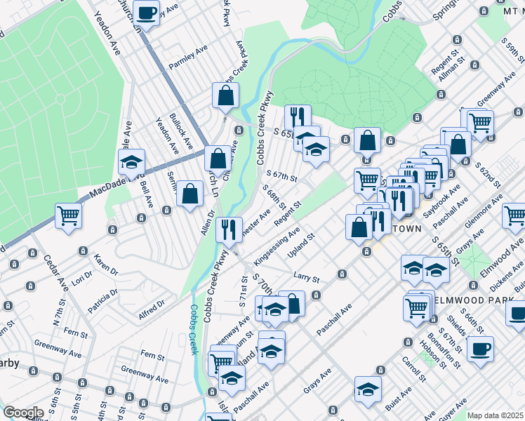 map of restaurants, bars, coffee shops, grocery stores, and more near 6831 Chester Avenue in Philadelphia