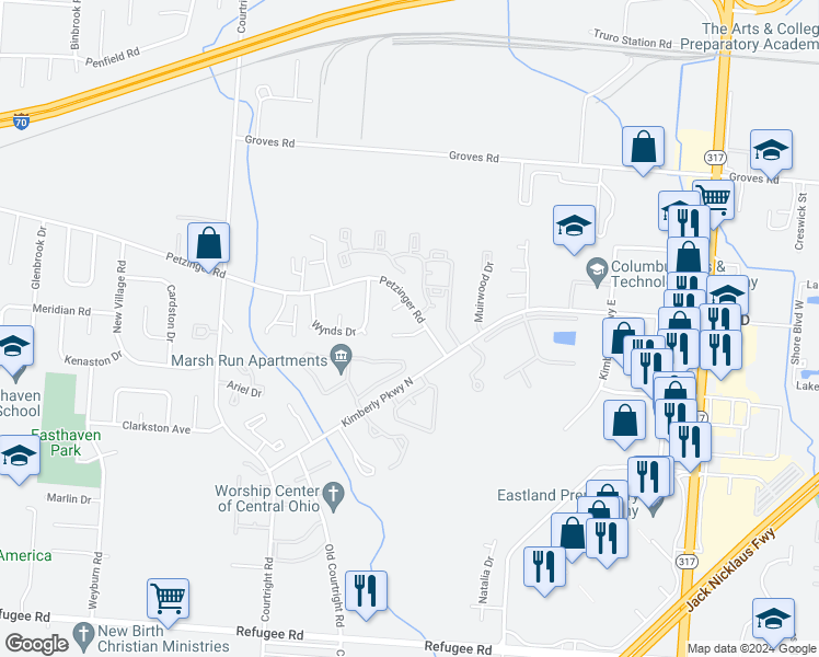 map of restaurants, bars, coffee shops, grocery stores, and more near 3798 Zephyr Place in Columbus