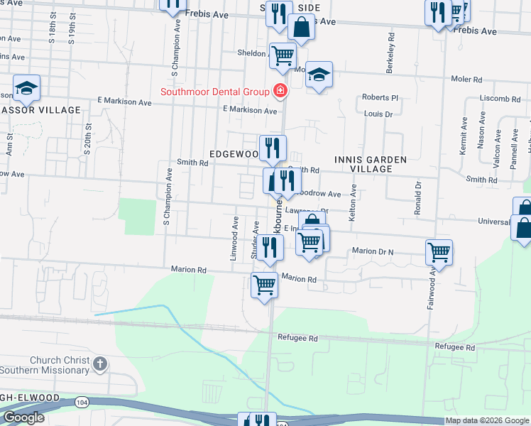 map of restaurants, bars, coffee shops, grocery stores, and more near 1071 Lawrence Drive in Columbus