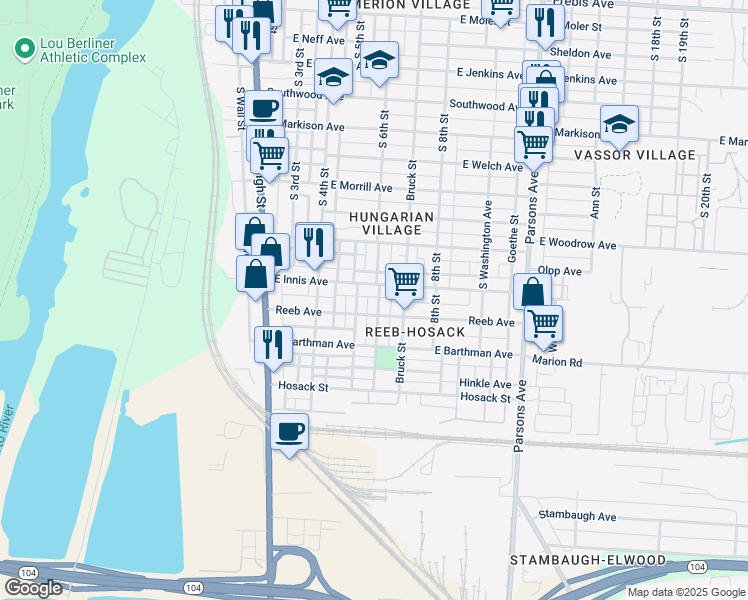 map of restaurants, bars, coffee shops, grocery stores, and more near 1810 South 6th Street in Columbus