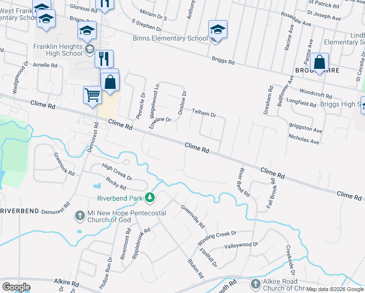 map of restaurants, bars, coffee shops, grocery stores, and more near 3277 Clime Road in Columbus