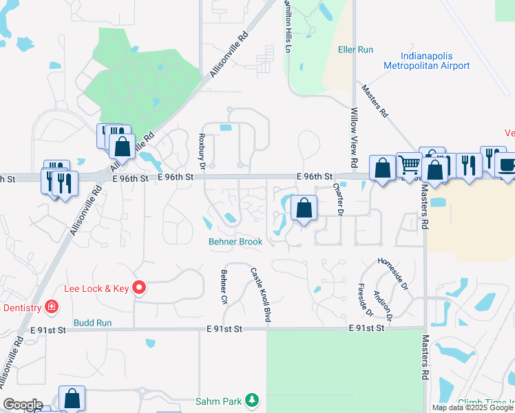 map of restaurants, bars, coffee shops, grocery stores, and more near 6455 Bayside Way in Indianapolis