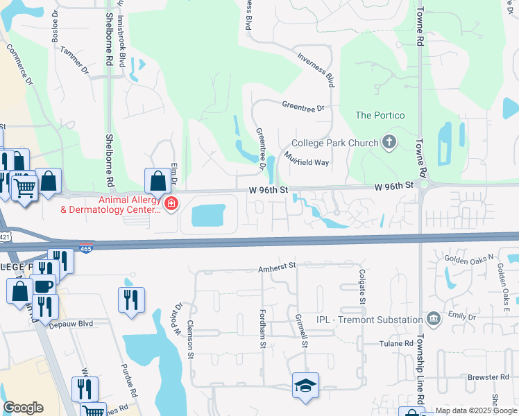 map of restaurants, bars, coffee shops, grocery stores, and more near 9528 Fordham Street in Indianapolis