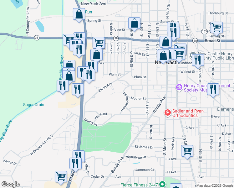 map of restaurants, bars, coffee shops, grocery stores, and more near 707 Leland St in New Castle