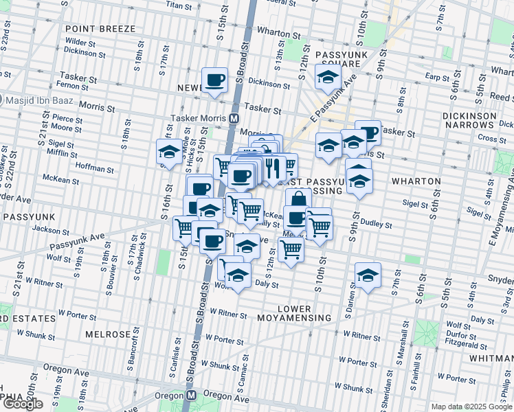 map of restaurants, bars, coffee shops, grocery stores, and more near 1939 South 13th Street in Philadelphia