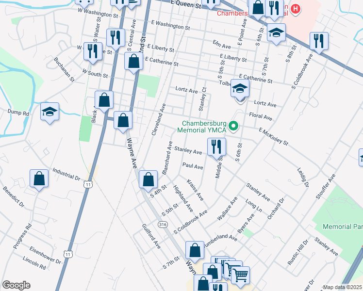 map of restaurants, bars, coffee shops, grocery stores, and more near 747 South 4th Street in Chambersburg