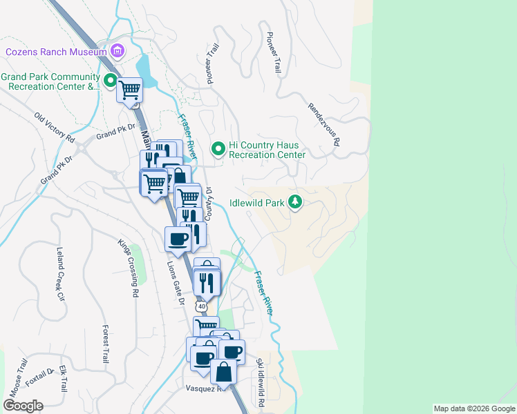 map of restaurants, bars, coffee shops, grocery stores, and more near 53 Wagon Wheel Drive in Granby