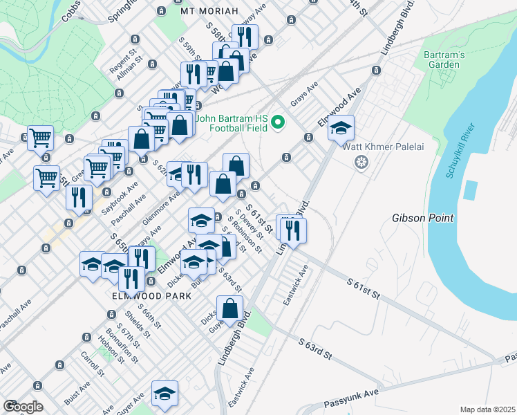 map of restaurants, bars, coffee shops, grocery stores, and more near 2536 South Millick Street in Philadelphia