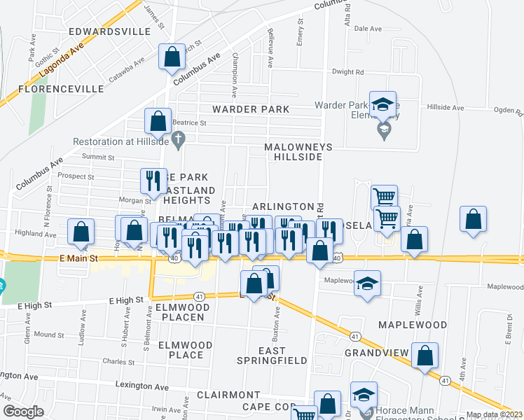 map of restaurants, bars, coffee shops, grocery stores, and more near 233 Bellevue Avenue in Springfield