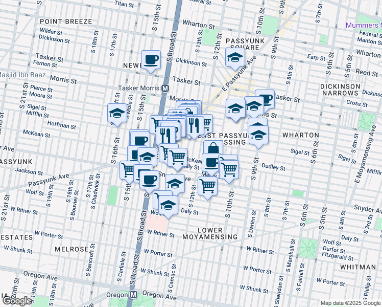 map of restaurants, bars, coffee shops, grocery stores, and more near 1930 South Camac Street in Philadelphia