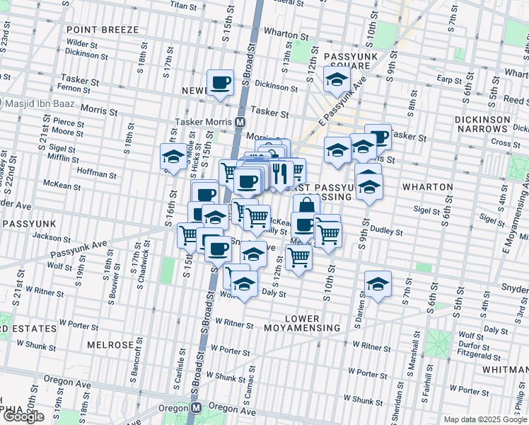 map of restaurants, bars, coffee shops, grocery stores, and more near 1939 South 13th Street in Philadelphia