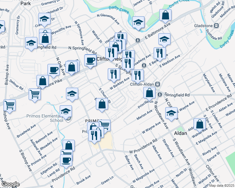 map of restaurants, bars, coffee shops, grocery stores, and more near 120 West Madison Avenue in Clifton Heights