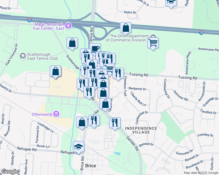 map of restaurants, bars, coffee shops, grocery stores, and more near 6433 Mountaineer Trail Court in Reynoldsburg
