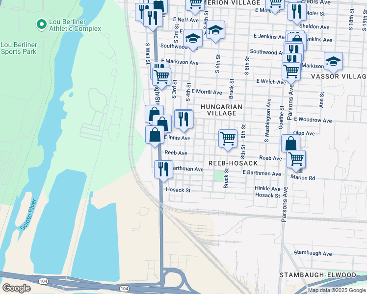 map of restaurants, bars, coffee shops, grocery stores, and more near 1779 South 4th Street in Columbus