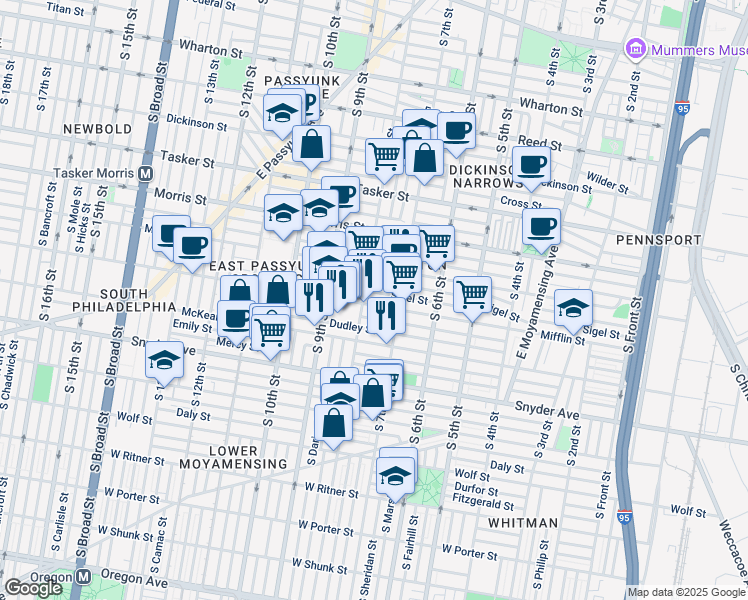 map of restaurants, bars, coffee shops, grocery stores, and more near 727 Mifflin Street in Philadelphia