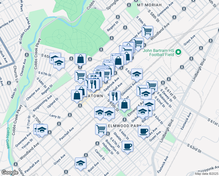 map of restaurants, bars, coffee shops, grocery stores, and more near 6408 Saybrook Avenue in Philadelphia