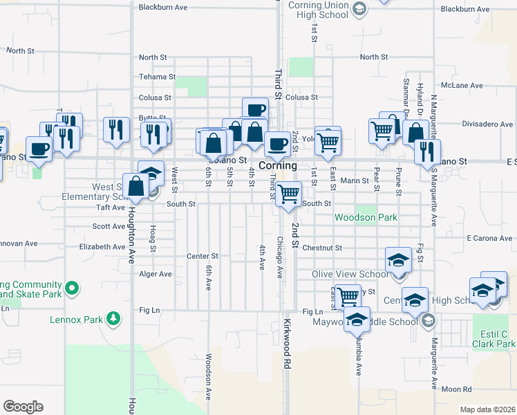 map of restaurants, bars, coffee shops, grocery stores, and more near 1201 South Street in Corning