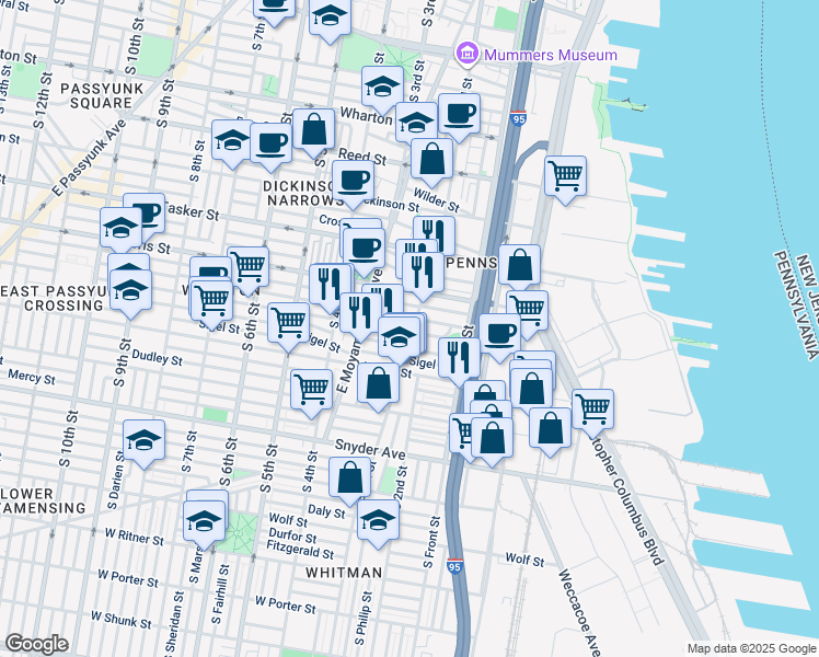 map of restaurants, bars, coffee shops, grocery stores, and more near 1744 South 2nd Street in Philadelphia