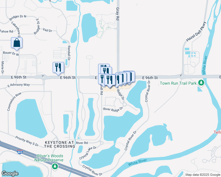 map of restaurants, bars, coffee shops, grocery stores, and more near 9520 River Road in Indianapolis