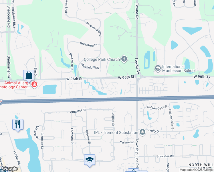 map of restaurants, bars, coffee shops, grocery stores, and more near 2652 Chaseway Court in Indianapolis