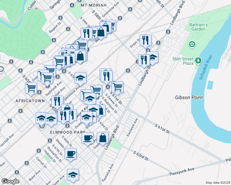 map of restaurants, bars, coffee shops, grocery stores, and more near 2544 South Millick Street in Philadelphia