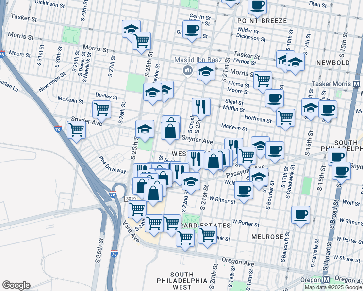 map of restaurants, bars, coffee shops, grocery stores, and more near 2240 Cantrell Street in Philadelphia