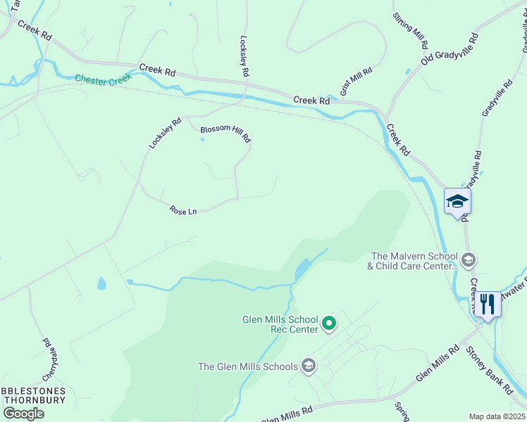 map of restaurants, bars, coffee shops, grocery stores, and more near 42 Rose Lane in Glen Mills