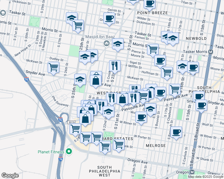 map of restaurants, bars, coffee shops, grocery stores, and more near 2115 South 22nd Street in Philadelphia