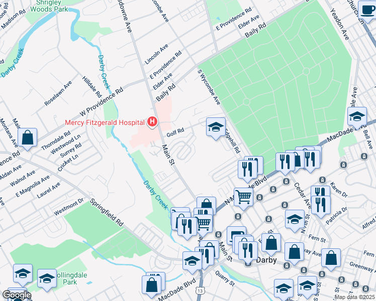 map of restaurants, bars, coffee shops, grocery stores, and more near 47 Mermont Circle in Darby