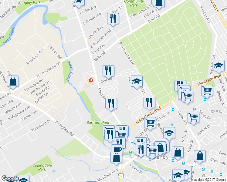 map of restaurants, bars, coffee shops, grocery stores, and more near 47 Mermont Circle in Darby
