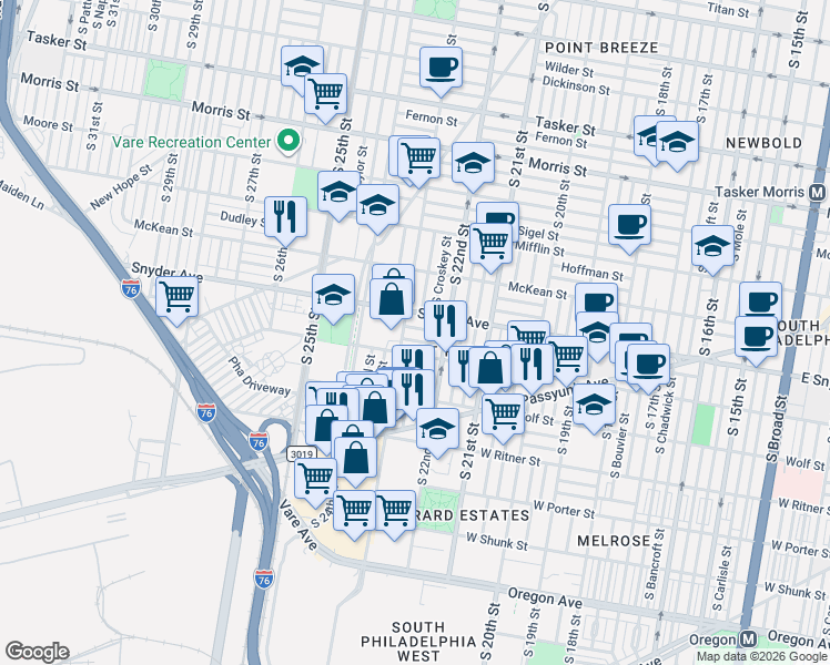 map of restaurants, bars, coffee shops, grocery stores, and more near 2257 Winton Street in Philadelphia