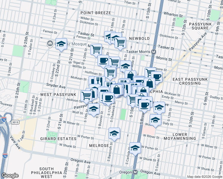 map of restaurants, bars, coffee shops, grocery stores, and more near in Philadelphia