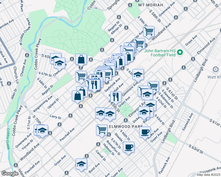 map of restaurants, bars, coffee shops, grocery stores, and more near 6408 Saybrook Avenue in Philadelphia