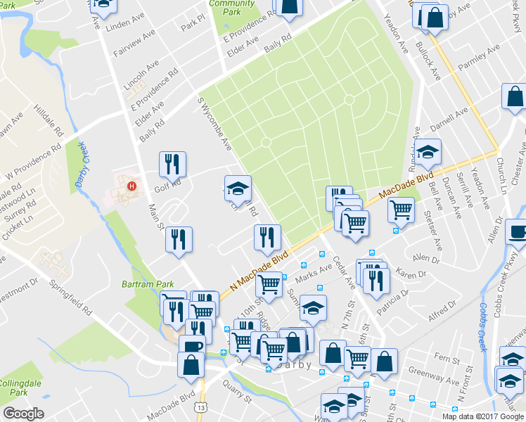 map of restaurants, bars, coffee shops, grocery stores, and more near 1236 Wycombe Avenue in Darby