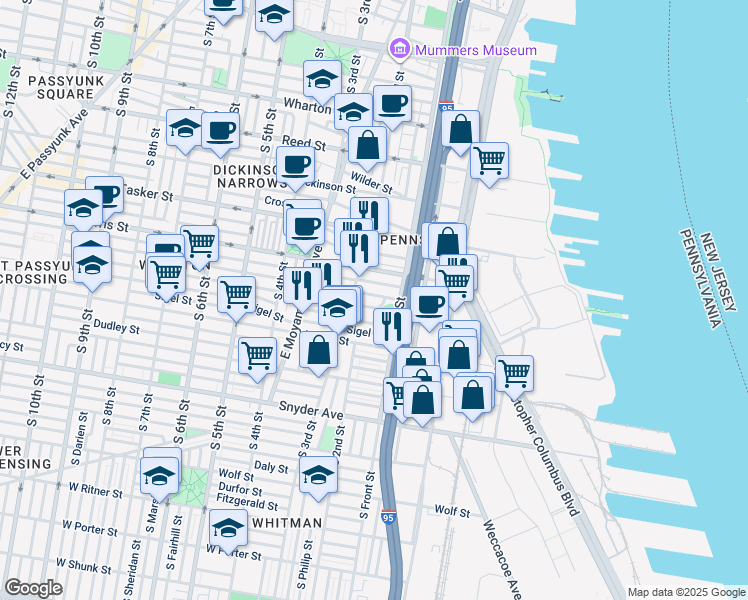 map of restaurants, bars, coffee shops, grocery stores, and more near 134 Pierce Street in Philadelphia