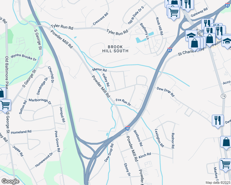 map of restaurants, bars, coffee shops, grocery stores, and more near 20 Dew Drop Court in York