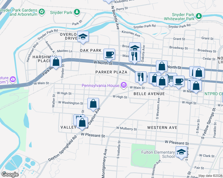 map of restaurants, bars, coffee shops, grocery stores, and more near 14 South William Street in Springfield