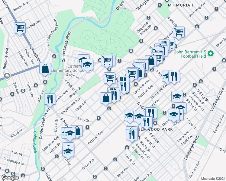 map of restaurants, bars, coffee shops, grocery stores, and more near 2109 South 66th Street in Philadelphia