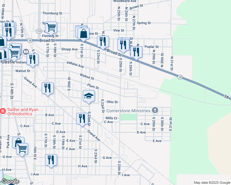 map of restaurants, bars, coffee shops, grocery stores, and more near 2430 Plum Street in New Castle