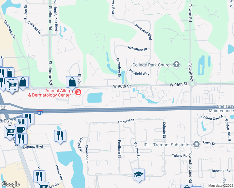 map of restaurants, bars, coffee shops, grocery stores, and more near 9555 International Circle in Indianapolis