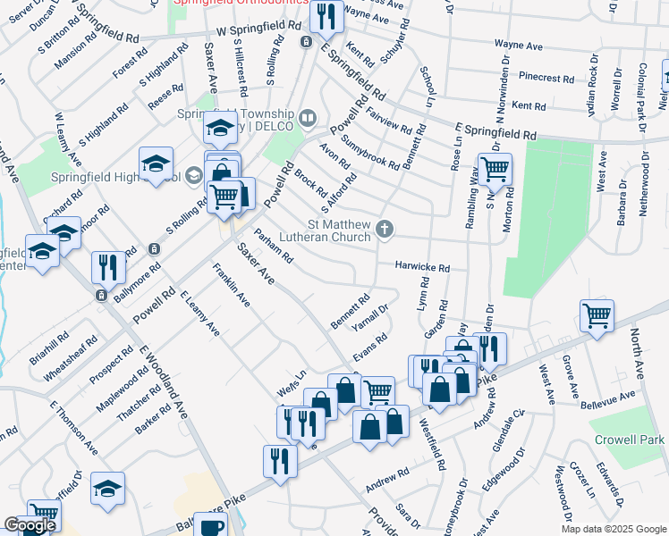 map of restaurants, bars, coffee shops, grocery stores, and more near 346 Harwicke Road in Springfield