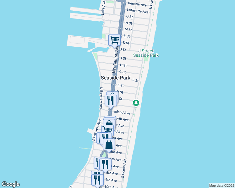 map of restaurants, bars, coffee shops, grocery stores, and more near 304 Northeast Central Avenue in Seaside Park