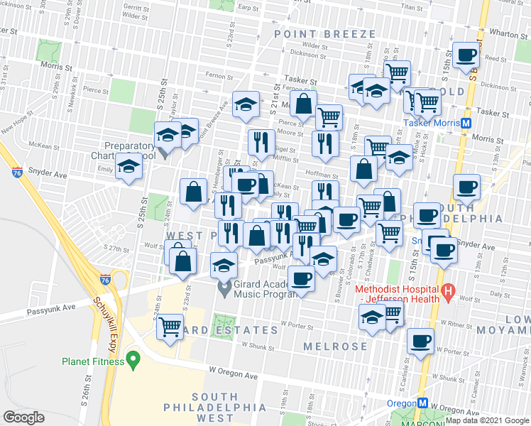 map of restaurants, bars, coffee shops, grocery stores, and more near 2104 South Woodstock Street in Philadelphia