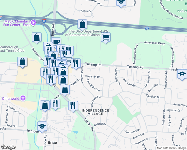 map of restaurants, bars, coffee shops, grocery stores, and more near 6576 Benjamin Drive in Reynoldsburg
