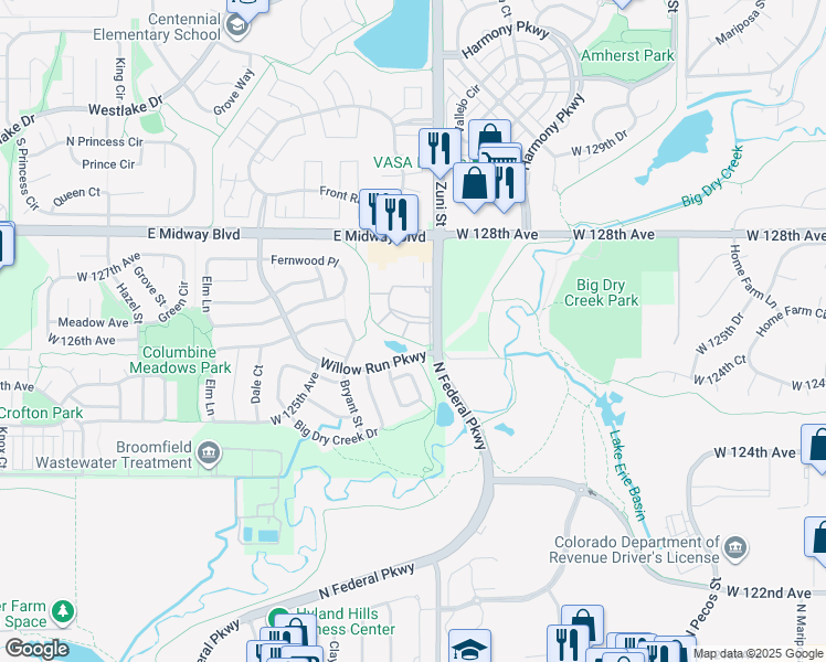map of restaurants, bars, coffee shops, grocery stores, and more near 12603 Zuni Street in Broomfield