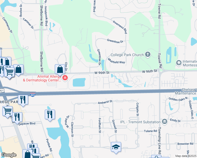 map of restaurants, bars, coffee shops, grocery stores, and more near 9555 International Circle in Indianapolis
